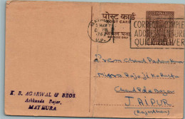 India Postal Stationery Ashoka 6p To Jaipur Mathura - Ansichtskarten