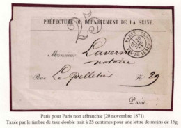 PARIS POUR PARIS NON AFFRANCHIE TAXE 25 C DOUBLE TRAIT 4 JUILLET 1873 - 1849-1876: Classic Period