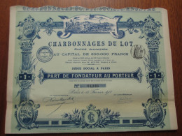 FRANCE - 46 - LOT - LOT DE  3 TITRES - CHARBONNAGES DU LOT - PART DE FONDATEUR - PARIS 1911 - Otros & Sin Clasificación