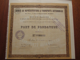 FRANCE - 59 - NORD - ROUBAIX 1920 - AGENCE DE REPARATIONS & TRANSPORTS AUTOMOBILES - PART DE FONDATEUR - Otros & Sin Clasificación