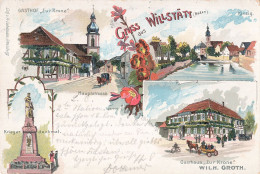 Allemagne  Gruss Aus Willstaat Gasthof Zur Krone Hauptstrasse Gasthaus Krieger Denkmal CPA + Timbre Reich Cachet 1898 - Altri & Non Classificati