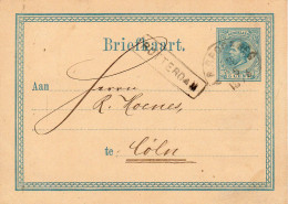 3 5 1876 Briefkaart G10  Met Haltestempel ROTTERDAM En N.R. SPOORWEG Particulier Bedrukt Naar Cöln - Postal Stationery