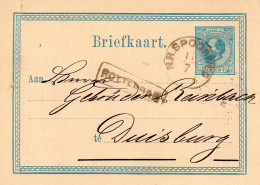11 7 1876 Briefkaart G10  Met Haltestempel ROTTERDAM En N.R. SPOORWEG Particulier Bedrukt Naar Duisburg - Postal Stationery
