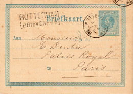 20 JAN 1878  Briefkaart G10  Met Stempel ROTTERDAM BRIEVENBUS En ROTTERD:-ANTW: III  Particulier Bedrukt Naar Parijs - Postwaardestukken