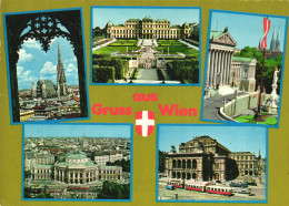 VIENNA, MULTIPLE VIEWS, ARCHITECTURE, EMBLEM, CHURCH, TOWER, PARK, FLAG, STATUE, TRAM, CARS, AUSTRIA, POSTCARD - Wien Mitte