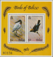 BELIZE 1980  -  BIRDS OF BELIZE (4th Series).  MS567  JABIRU ($2) + GOLDEN-MASKED TANAGER ($3) - Belice (1973-...)