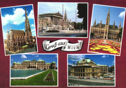 VIENNA, MULTIPLE VIEWS, ARCHITECTURE, CHURCH, STATUE, POOL, PARK, CARS, BUS, FLOWER BED, AUSTRIA, POSTCARD - Wien Mitte