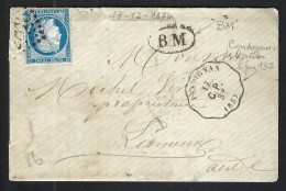 FRANCE Ca.1874:  LSC De Perpignan (P. Or.) Avec Le Y&T 60A Obl. GC 2818 (1), CAD Conv. De Station Et "BM" - 1871-1875 Cérès