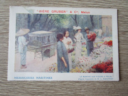 CHINE MESSAGERIES MARITIMES MARCHE AUX FLEURS A PEKIN ANIMEE  PUBLICITE BIERE GRUBER MELUN - Chine