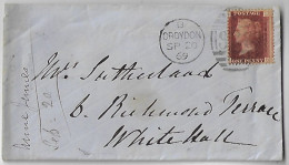 Great Britain 1869 Cover From Croydon To London Stamp 1 Penny Red Perforate Corner Letter BL Queen Victoria Plate 124 - Brieven En Documenten