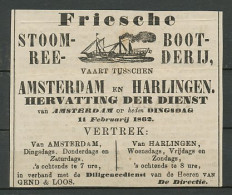 Advertentie 1862 Stoomboot Amsterdam - Harlingen - Cartas & Documentos