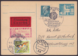 P80, R-Eilboten, Ankunft, Zusatzfr. Ganzsachenausschnitt Aus P76, SbPA-R-Zettel "Plauen", SSt. "Plauener Spitze", 1977 - Postkarten - Gebraucht