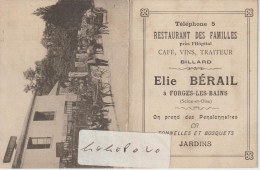 91 - FORGES LES BAINS  - Restaurant Des Familles Elie BERAIL - Horaires Des Trains Limours - Paris Luxembourg ( Rare ) - Europe