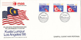 Malaysia FDC 31-7-1986 MAS Inaugural Flight Kuala Lumpur - Los Angeles 31-7-1986 Complete Set Of 3 With Cachet - Malasia (1964-...)