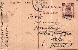 India Postal Stationery George VI 1/2A To Delhi - Cartoline Postali