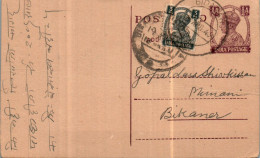 India Postal Stationery George VI 1/2A To Bikaner - Postcards