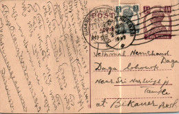 India Postal Stationery George VI 1/2A Bikaner Rajputana Cds - Postkaarten