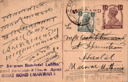 India Postal Stationery George VI 1/2A To Marwar Sojat Road - Cartes Postales