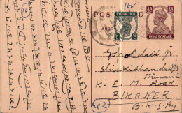 India Postal Stationery George VI 1/2A To Bikaner - Cartes Postales