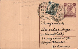 India Postal Stationery George VI 1/2A Bikaner Rajputana Cds To Bikaner - Cartes Postales