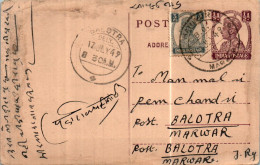 India Postal Stationery George VI 1/2A Balotra Marwar Cds - Postkaarten