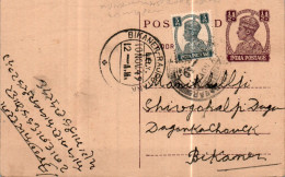 India Postal Stationery George VI 1/2A Bikaner Rajputana Cds To Bikaner - Postkaarten
