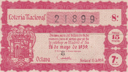 SPAIN - ESPAÑA - LOTTERY TICKET - LOTERIA NACIONAL 1959 - Billetes De Lotería