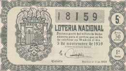 SPAIN - ESPAÑA - LOTTERY TICKET - LOTERIA NACIONAL 1959 - Billetes De Lotería