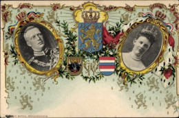Gaufré Blason CPA Reine Wilhelmina Der Niederlande, Heinrich Zu Mecklenburg, Portrait - Royal Families