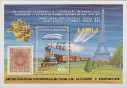 S. Tomè 1978, 1st Entrance In UPU, Train, Zeppelin, Stamp On Stamp, Block - Correo Postal