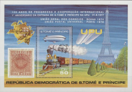 S. Tomè 1978, 1st Entrance In UPU, Train, Zeppelin, Stamp On Stamp, Block - UPU (Unione Postale Universale)