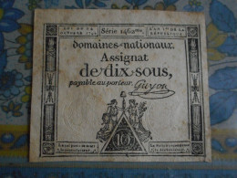 ASSIGNAT DE DIX SOUS DOMAINES NATIONAUX PAYABLE AU PORTEUR AN 1 DE LA REPUBLIQUE - Assignate