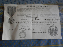 DOCUMENT MEDAILLE DE VERDUN CHESNEAUX GEORGES 121 EME REGIMENT INFANTERIE COTE DE FROIDETERRE - Documents