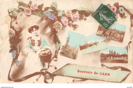 14 - N°74043 - Souvenir De CAEN - Multi-vues, Et Jeune Femme Portant Un Panier - Caen