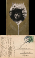 JUGENDSTIL-GOLD- Künstlerkarte Mädchen Tulpe Fotokunst 1909 Gold-Effekt - Portraits