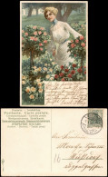Ansichtskarte  Künstlerkarte Schöne Frau Im Rosengarten 1906 - Personnages