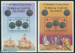Turks And Caicos Islands 1992 Discovery, Coins 2 S/s, Mint NH, History - Transport - Various - Explorers - Ships And B.. - Explorers