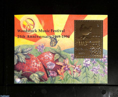 Guyana 1994 25 Years Woodstock Festival 1s/s, Gold, Mint NH, Nature - Performance Art - Birds - Orchids - Musical Inst.. - Musique