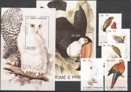 S. Tomè 1990, Birds, Owls, Tucan, Parrot, Bird Of Prey, 5val +2BF - Gufi E Civette
