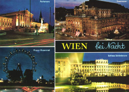 VIENNA, ARCHITECTURE, NIGHT, PARLIAMENT, PRATER, GIANT WHEEL, FOUNTAIN ,CARS, STATUE, AUSTRIA, POSTCARD - Autres & Non Classés