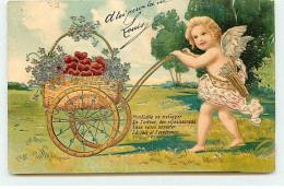 Carte Gaufrée - Semblable Au Message De L'amour ... - Cupidon Poussant Une Charrette Remplie De Fleurs Et De Coeurs - Anges