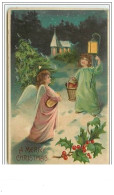 Carte Gaufrée - A Merry Christmas - Anges Apportant Un Sapin Et Une Lumière - Other & Unclassified