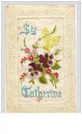 Carte Brodée Ste Catherine Pensées Et Papillon - Embroidered