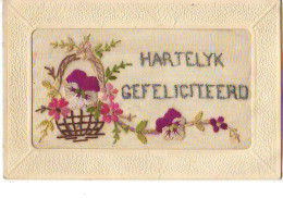 Carte Brodée - Hartelyk Gefeliciteerd - Panier Rempli De Fleurs - Embroidered