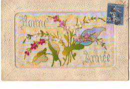 Carte Brodée - Bonne Année - Fleurs - Embroidered