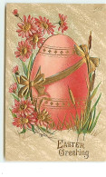 Carte Gaufrée - Easter Greeting - Oeuf Rouge Avec Un Ruban Doré - Ostern