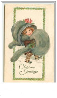 Carte Gaufrée - Chirstmas Greetings - Fillette Avec Un Manchon - Otros & Sin Clasificación