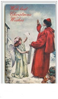 Carte Gaufrée With Best Christmas Wishes Père Noël Lisant Une Liste Avec L'aide D'un Ange Gardien - Autres & Non Classés