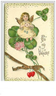 Carte Gaufrée - To My Valentine - Ange Tenant Une Lettre, Assi Sur Un Trèfle à Quatre Feuilles - Dia De Los Amorados