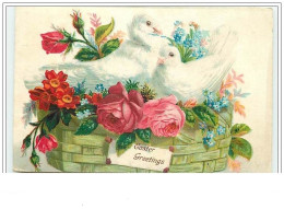Carte Gaufrée - Easter Greetings - Colombes Dans Un Panier - Ostern